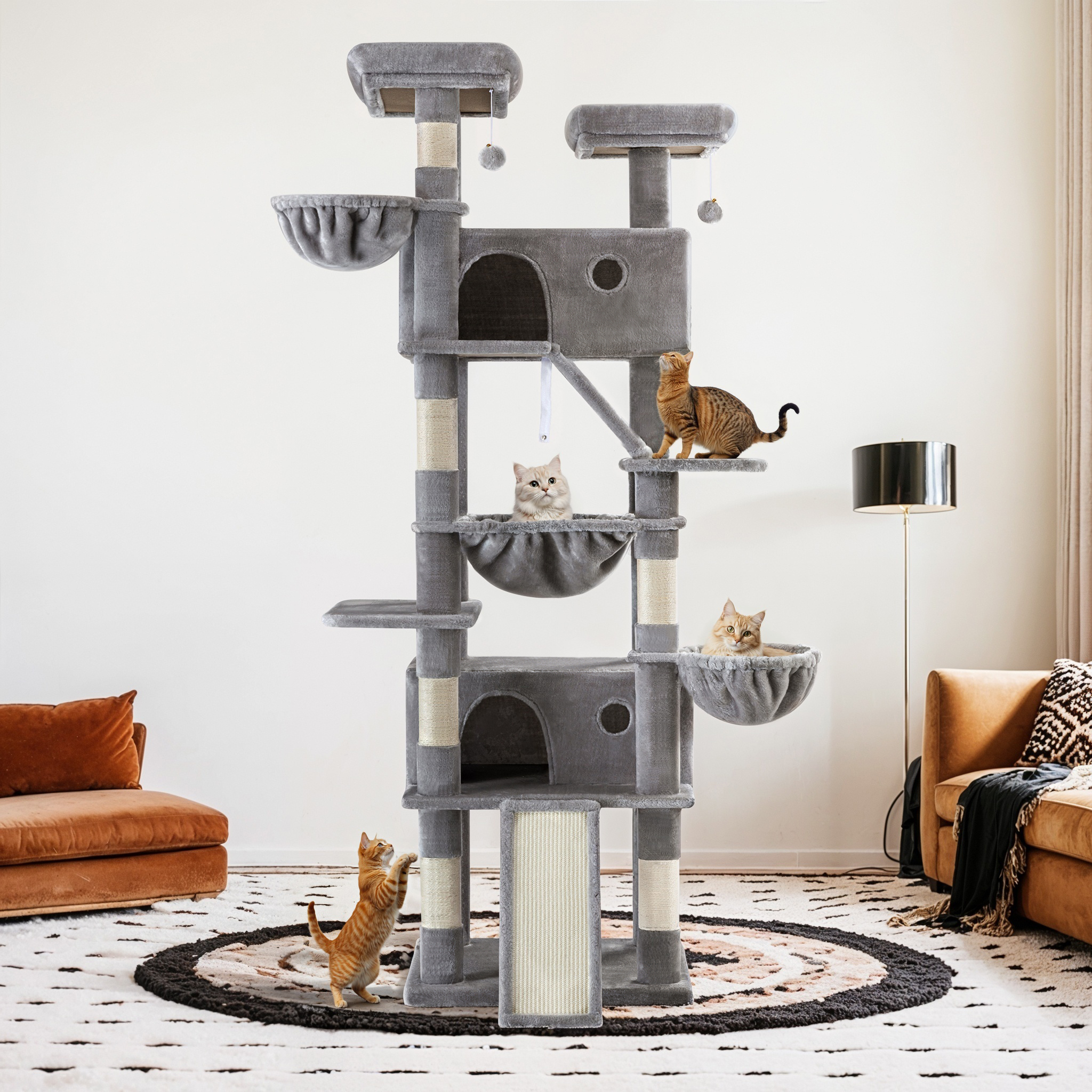 Sifurni 81" Multi-Level Tall Cat Tree Tower for Large Cat with Cat Condo and Hammock, Scratching Post & Scratching Ramp, Grey