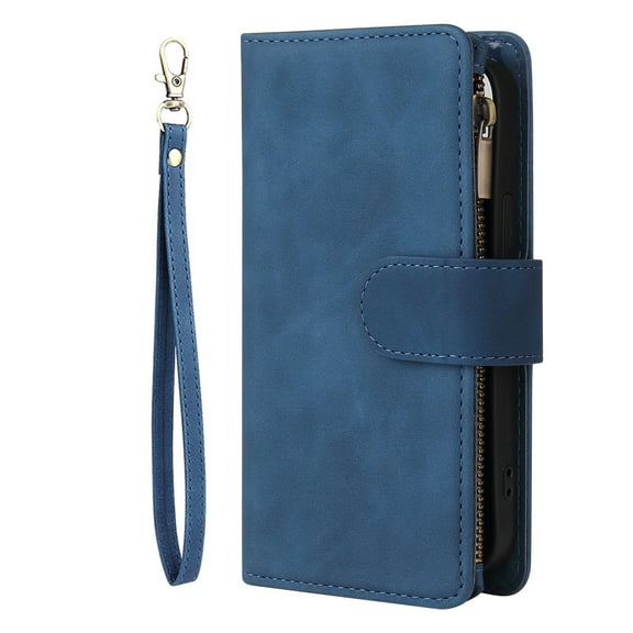 Zipper Wallet Case for Samsung Galaxy A14 5G with Large Capacity Card Slots Holder Flip Folio Cover, Premium PU Leather Magnetic Clasp Wrist Strap Kickstand Soft Silicone Shockproof Case,Blue