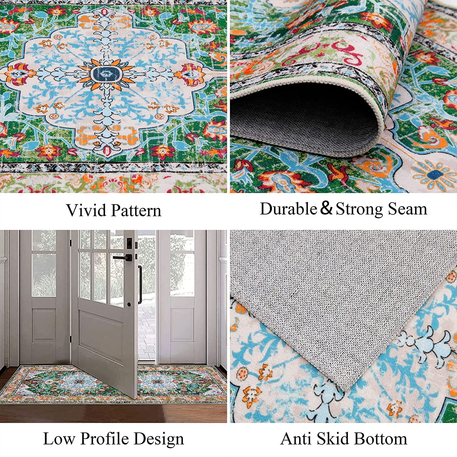 Findosom 2'x8' Vintage Boho Runner Rug Washable Non-slip Area Rug,Hallway Indoor Farmhouse Bedroom Kitchen Living Room Non Shedding Runner, Contemporary Low Plie Floor Carpet Doormat,Green