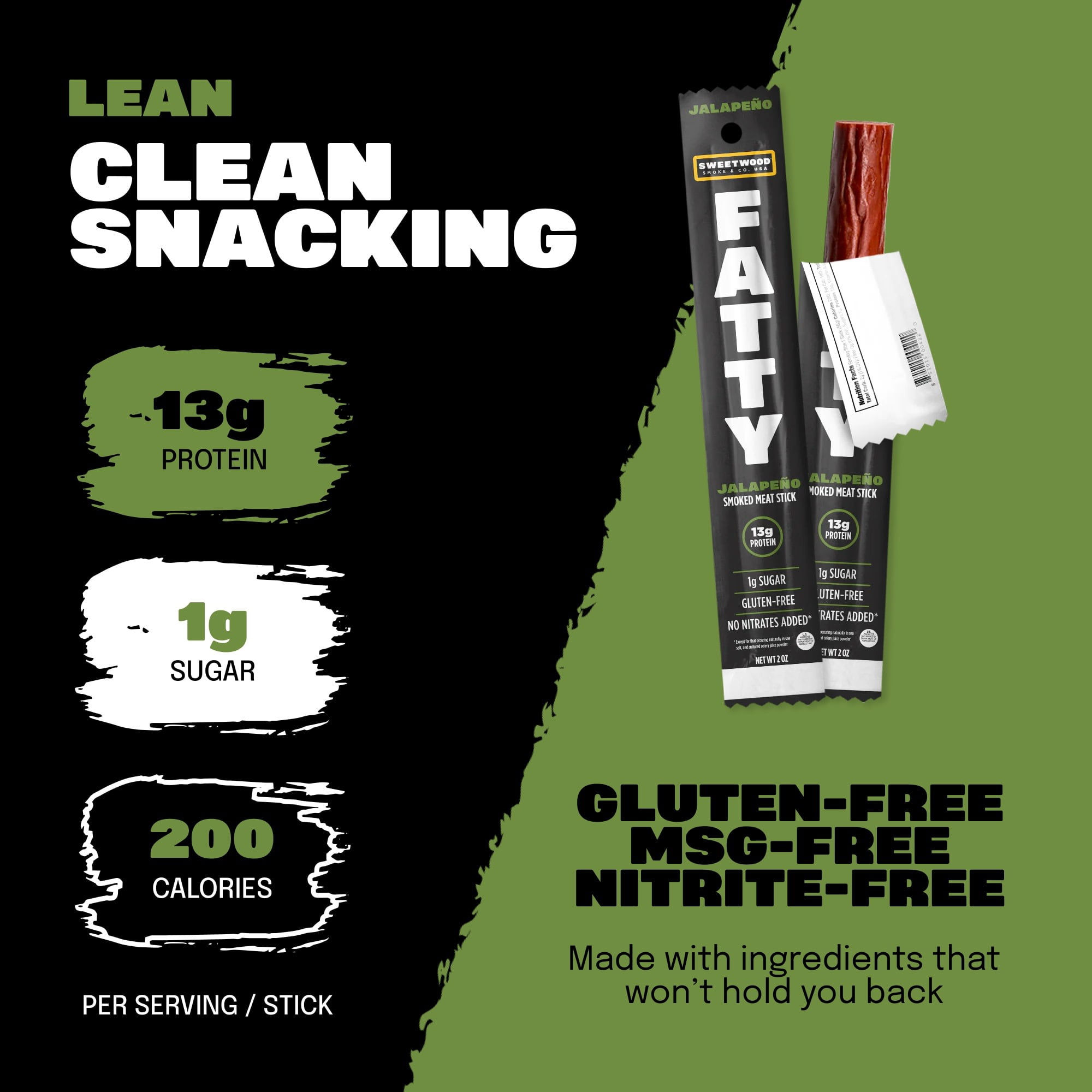 FATTY Meat Sticks, Grass-Fed Beef, High Protein Snack, Camping, Sports, Road Trip, Low Carb, Gluten Free, MSG Free, Nitrate Free, Jalapeno Flavor, 2 oz.
