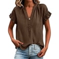 thumbnail image 2 of Women's V-Neck Short Sleeve Cotton Linen Loose Tunic Blouse by Awwp , Brown L, 2 of 6