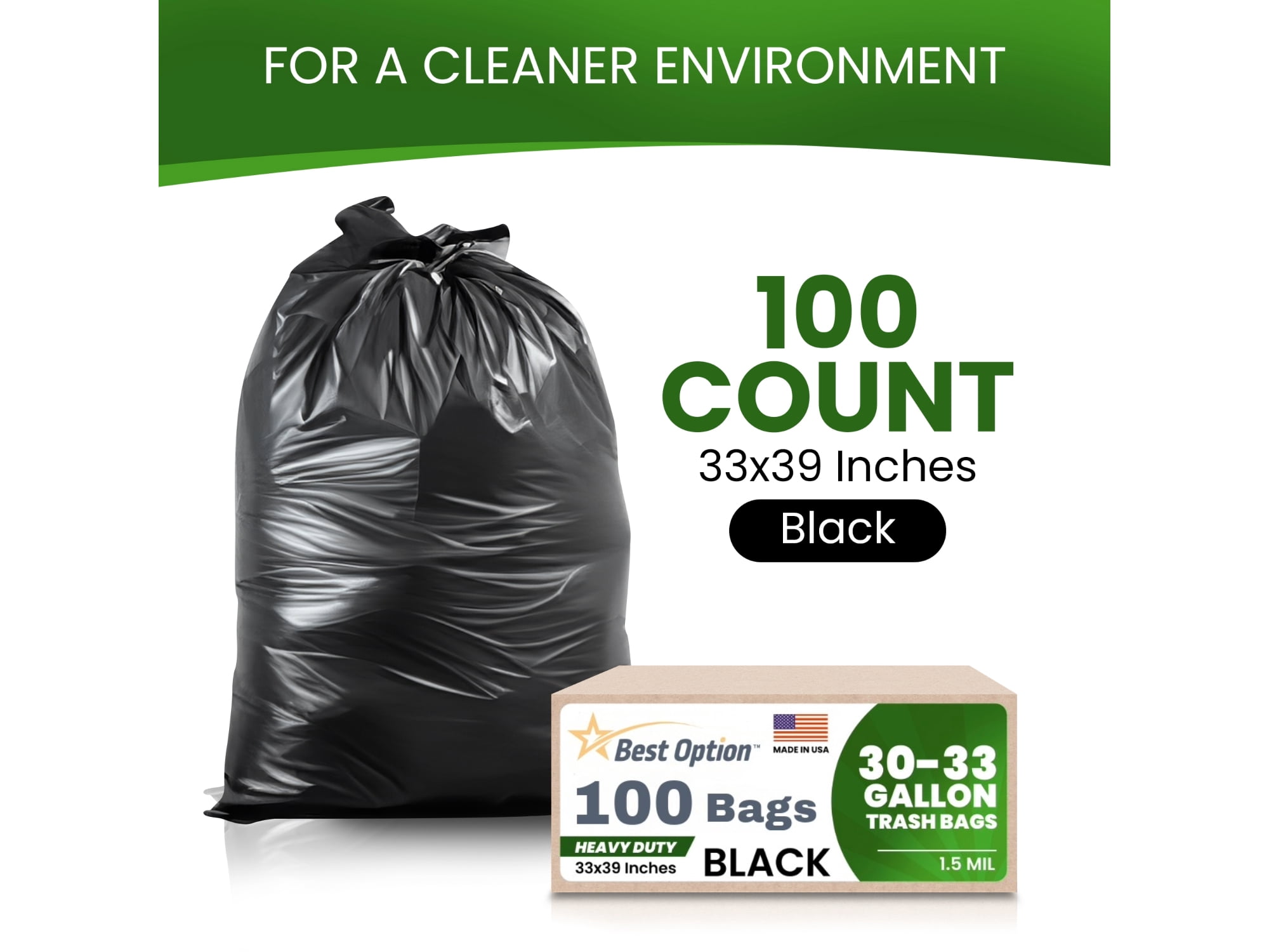 Best Option 30-33 Gallon Black Trash Bags, 100 Count Box, (33x39-inch) Commercial Heavy-Duty Garbage Bag and Can Liners