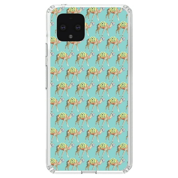 DistinctInk Clear Shockproof Hybrid Case for Google Pixel 4 (5.7" Screen) - TPU Bumper, Acrylic Back, Tempered Glass Screen Protector - Preppy Pattern - Camels on Teal Background