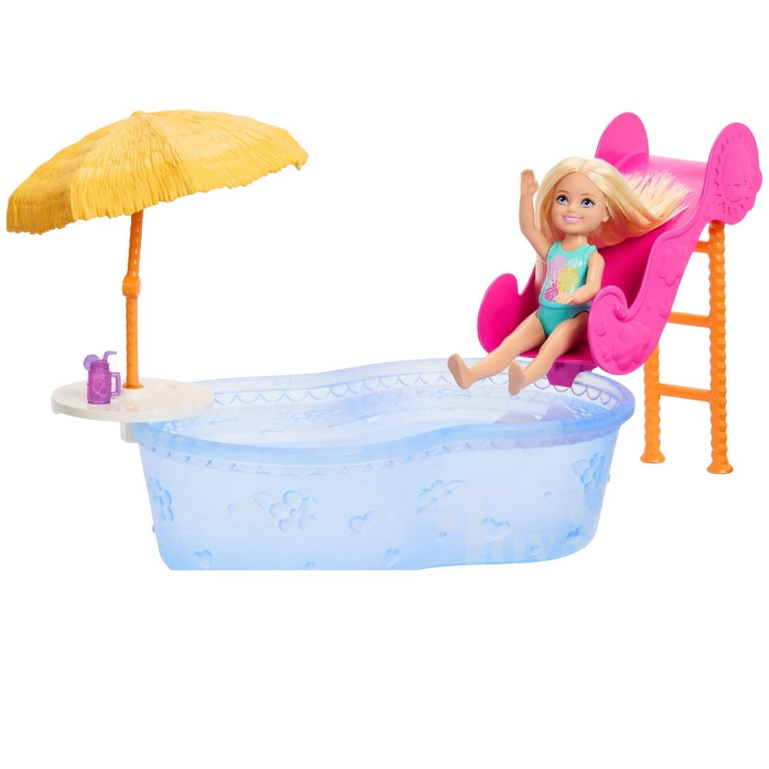 Barbie Summer Vacation Chelsea Doll and Pool Playset with Puppy, Water Slide, Tiki Umbrella, Pool Float, and Accessories  for Kids Ages 3 and Up