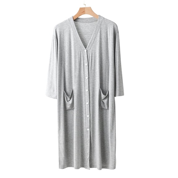 Soft Robe for Men Women Loose 3/4 Sleeve Open Fornt Loungewear V-Neck Sleepwear Robe with Pockets Gray L