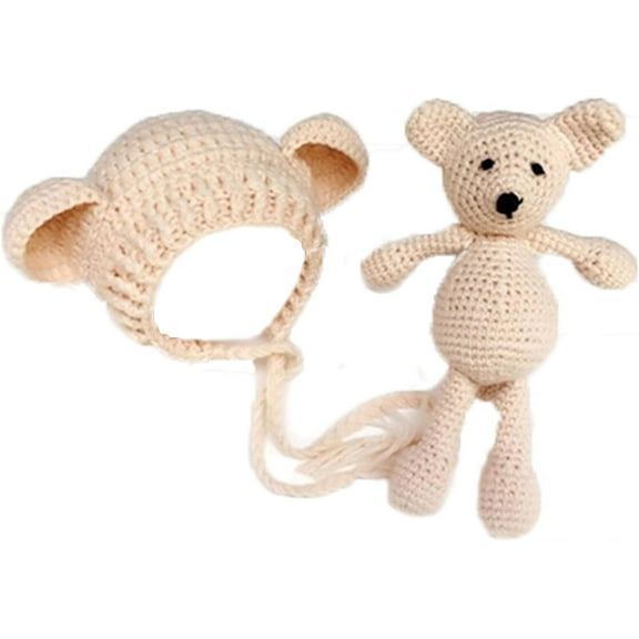 Newborn Photography Props Bear Hat Baby Photoshoots Outfits Photo Posing Crochet Bear Doll Knit Toy Accessories