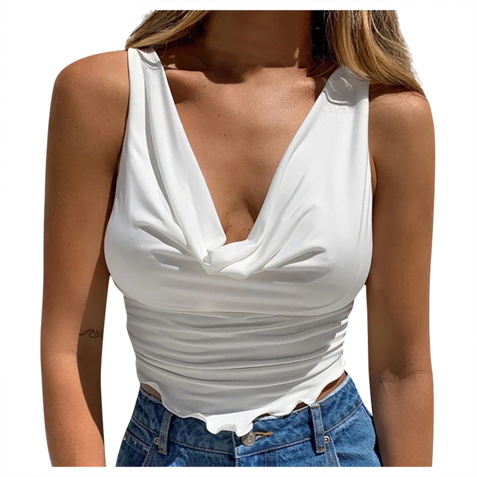 Tops de moda para mujeres Mujeres Tops casuales Tops blancos para mujeres Tops para mujer Club de fiesta Tops de participacion nocturna para mujeres Mujeres Color solido V Camisetas de cuero Pecho