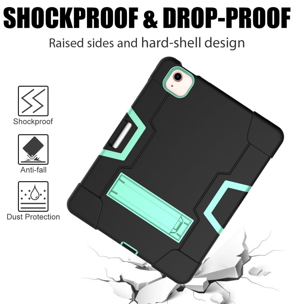 Allytech iPad Air 5 Case 2022, iPad Air 4 Case 2020, Heavy Duty Protection Shockproof Build In Kickstand Pencil Holder Kids Friendly Case for Apple iPad Air 5th 4th Generation, BlackBlack/Aqua
