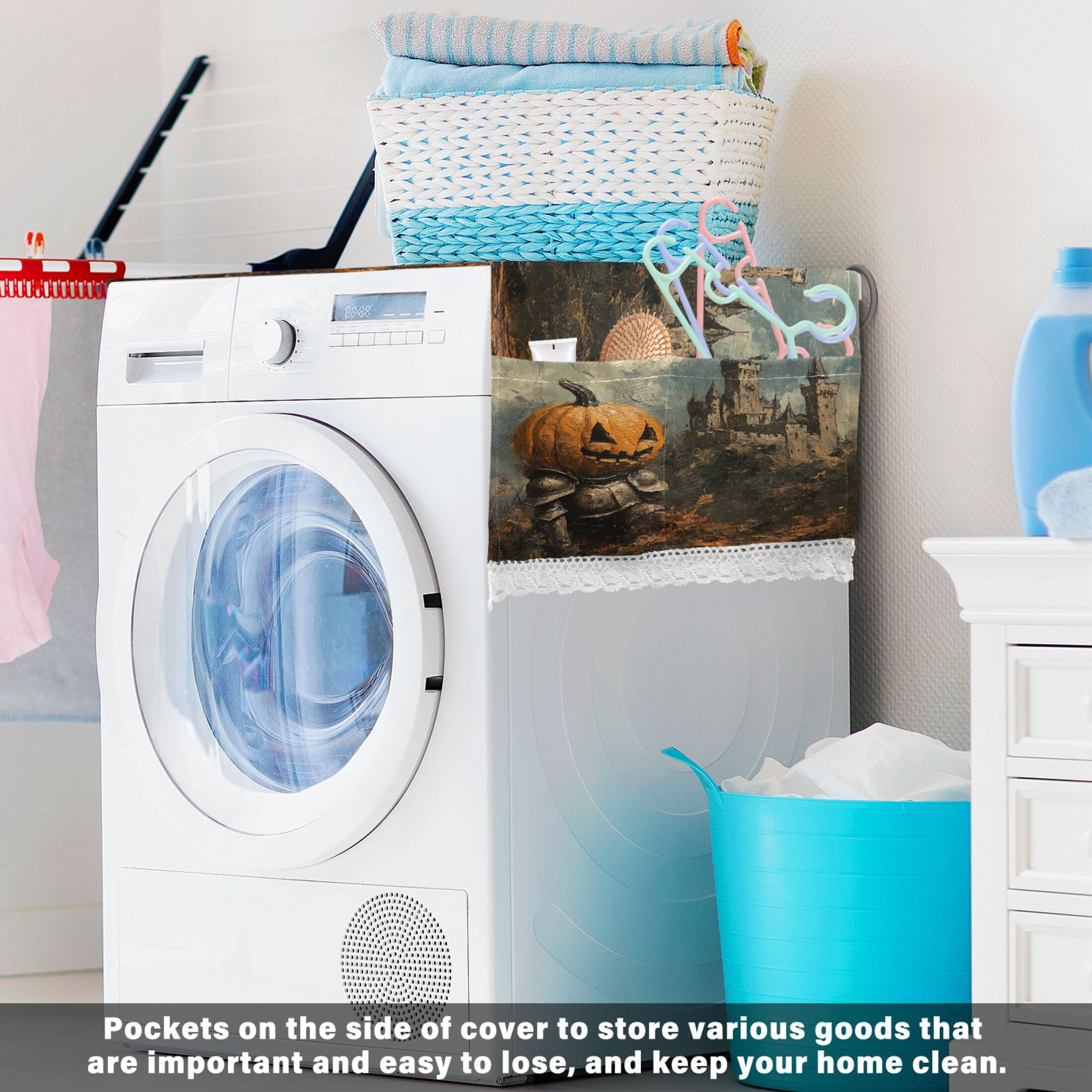 Pumpkin KnightWasher and Dryer Covers Dust-Proof and Oil Resistant Fridge Cover with 4 Storage Pockets Washing Machine Top Cover for Laundry Kitchen Home 51.2 x 22 In