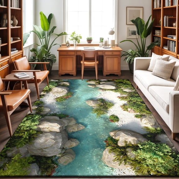 8'x10' Area Rugs, Coastal Stone Tropical Indoor Outdoor Area Rug for Living Room Bedroom, 3D Island Modern Nature Washable Bathroom Rugs Kitchen Floor Carpet Mats Home Decor Aesthetic