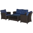 thumbnail image 2 of Outsunnny 4 Piece Patio Furniture Set, Outdoor Wicker Loveseat Sofa & Chairs, with 2-Tier Coffee Table & Tufted Cushions, Navy Blue, 2 of 9