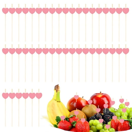 100Pcs Fruit Toothpicks, 4.7" Heart-Shaped Bamboo Cocktail Picks, Natural Bamboo Toothpicks for Appetizers Fruit Cake Dessert Barbecue Snacks Sandwiches (Pink)