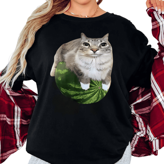 Women's Cat on Watermelon Graphic Funny Pet Lover Casual T Shirt Comfortable Short Sleeve Round Neck Top Black S-5XL