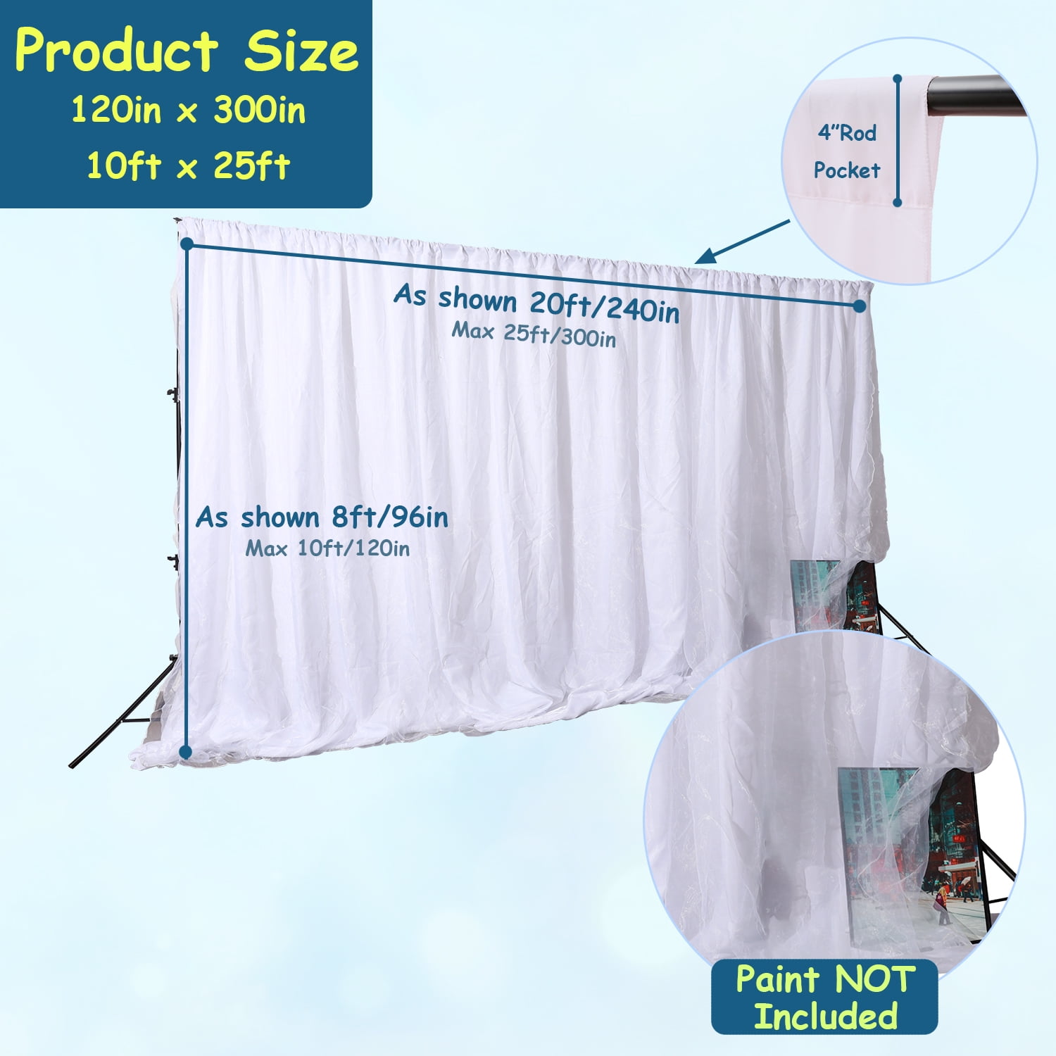 Two Layers Backdrop Made with One Piece Chiffon Tulle & Polyester for Professional Extra Wide Blackout Curtains (White, 25 x 10 ft)