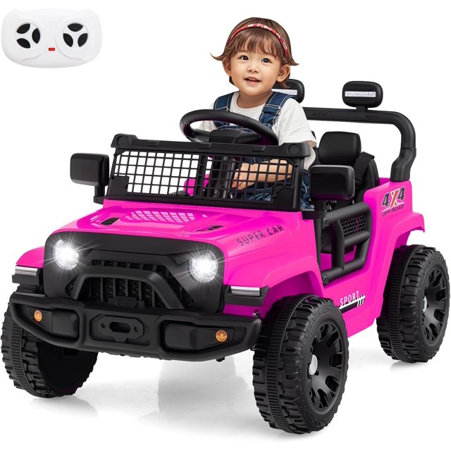 OLAKIDS 12V Ride On Truck, Battery Powered Electric Vehicle for Kids with Remote Control, Foldable Reflective Mirror, Spring Suspension, Music, LED Lights, Ride on Toy for 3+ Boys Girls
