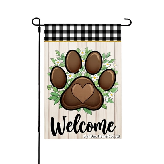 Joocar Spring Garden Flag Paw Print With Flowers And Welcome Text Linen Summer Garden Flags for Outside 12x18 inch