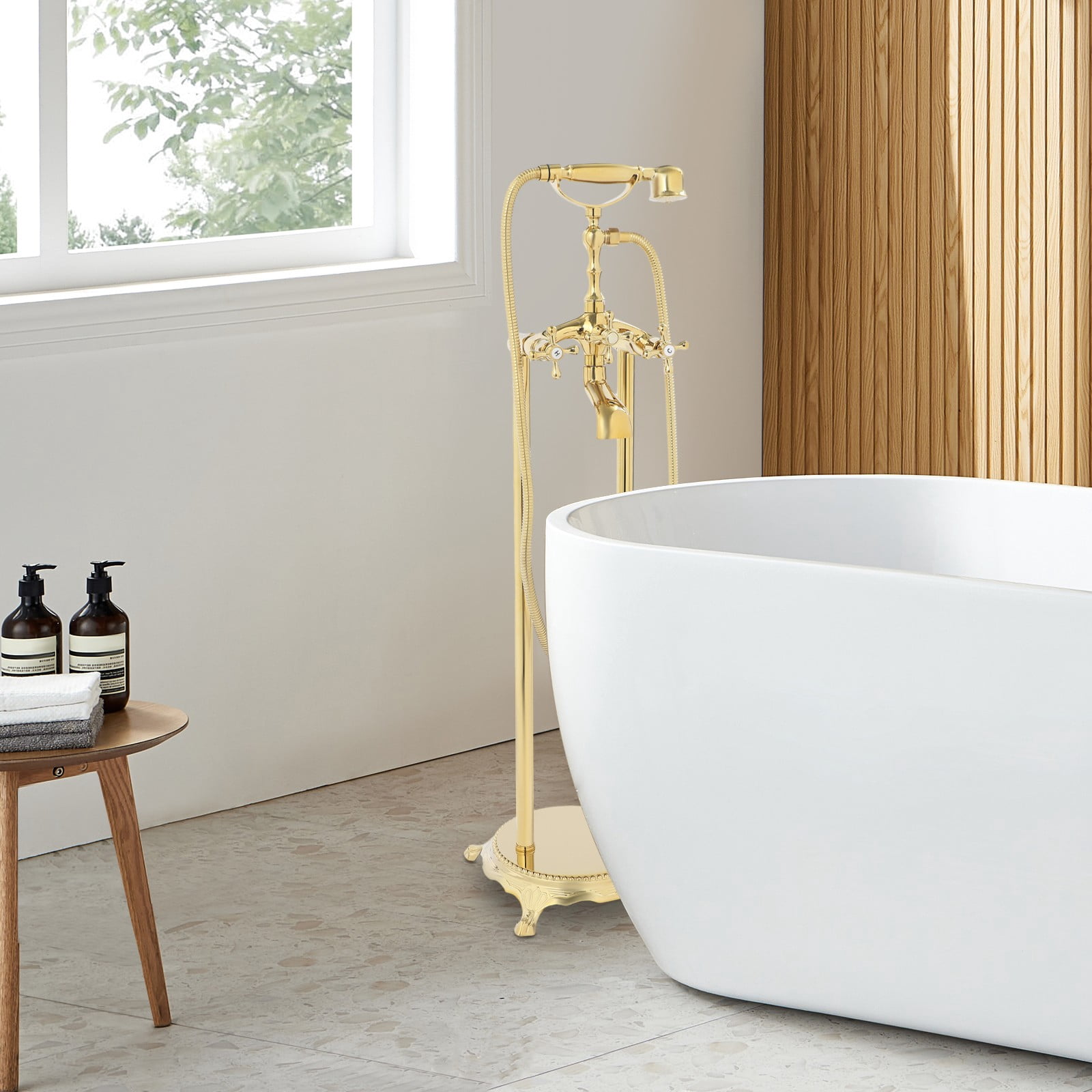 ToppiJoy Freestanding Bathtub Faucet, Tub Filler with Handheld Shower (Gold)