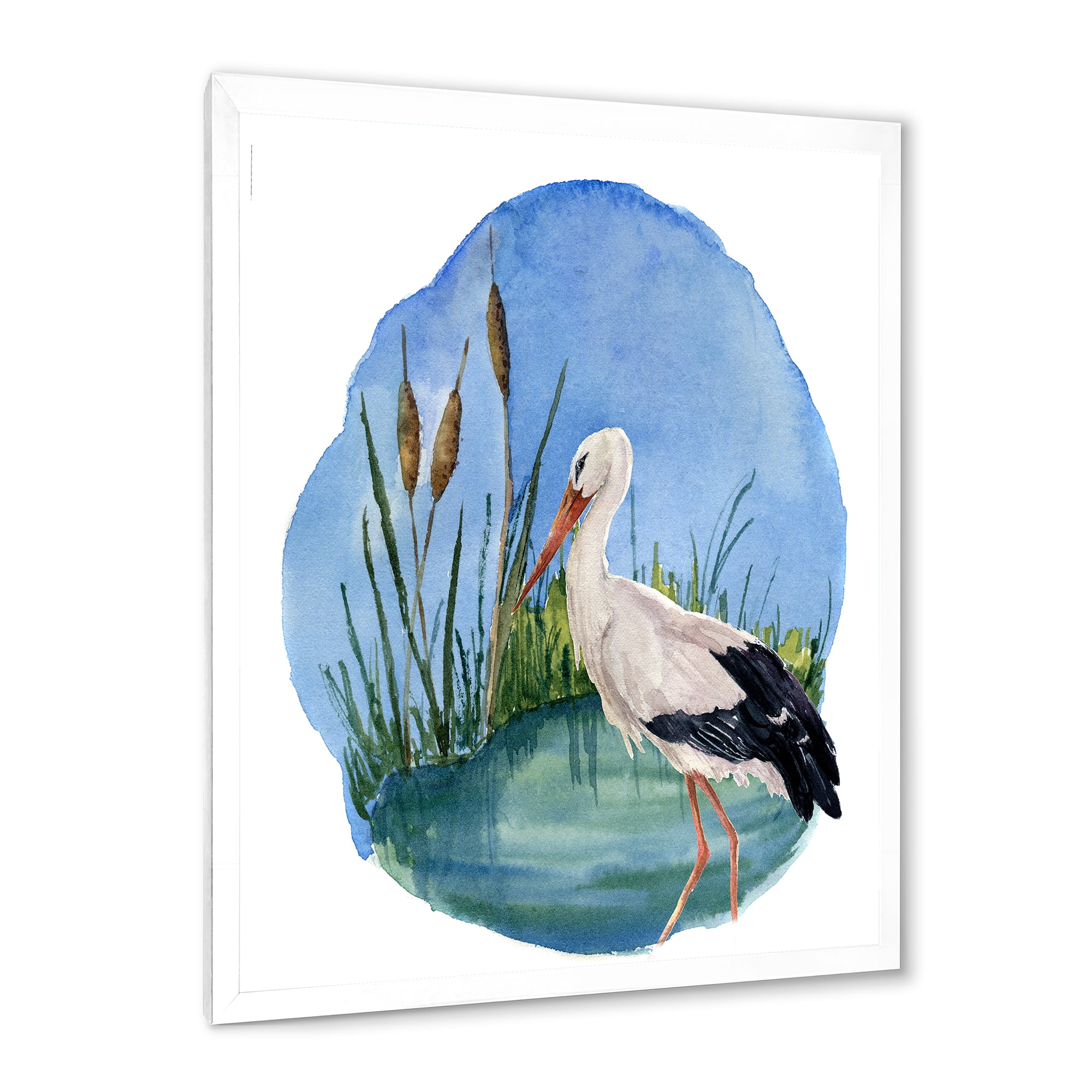 Designart 'White Stork On The Swamp Blue' Traditional Framed Art Print
