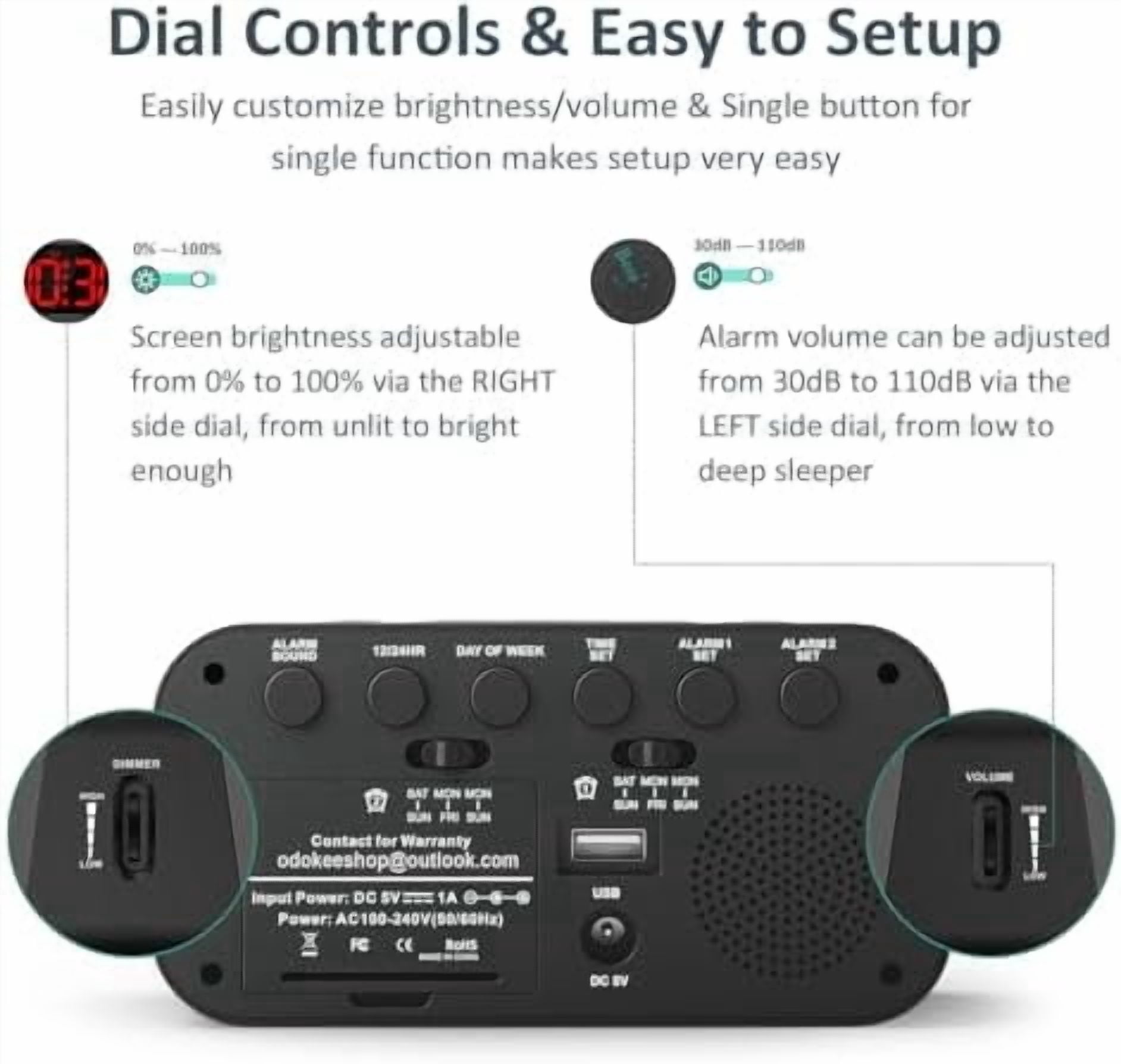 Digital Dual Alarm Clock for Bedroom, Easy to Set, 0-100% Dimmer, USB Charger, 5 Sounds Adjustable Volume, Weekday/Weekend Mode, Snooze, 12/24Hr, Battery Backup, Compact Clock for Bedside(Red)