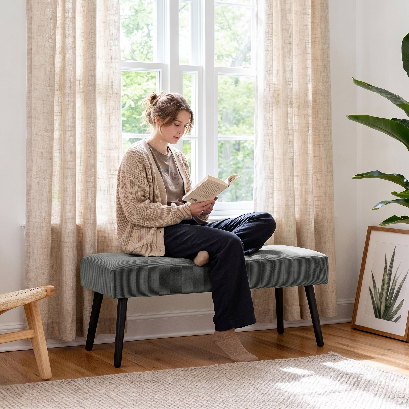 KirKasa Modern Entryway Bench, Corduroy Seat, Gray photo 3