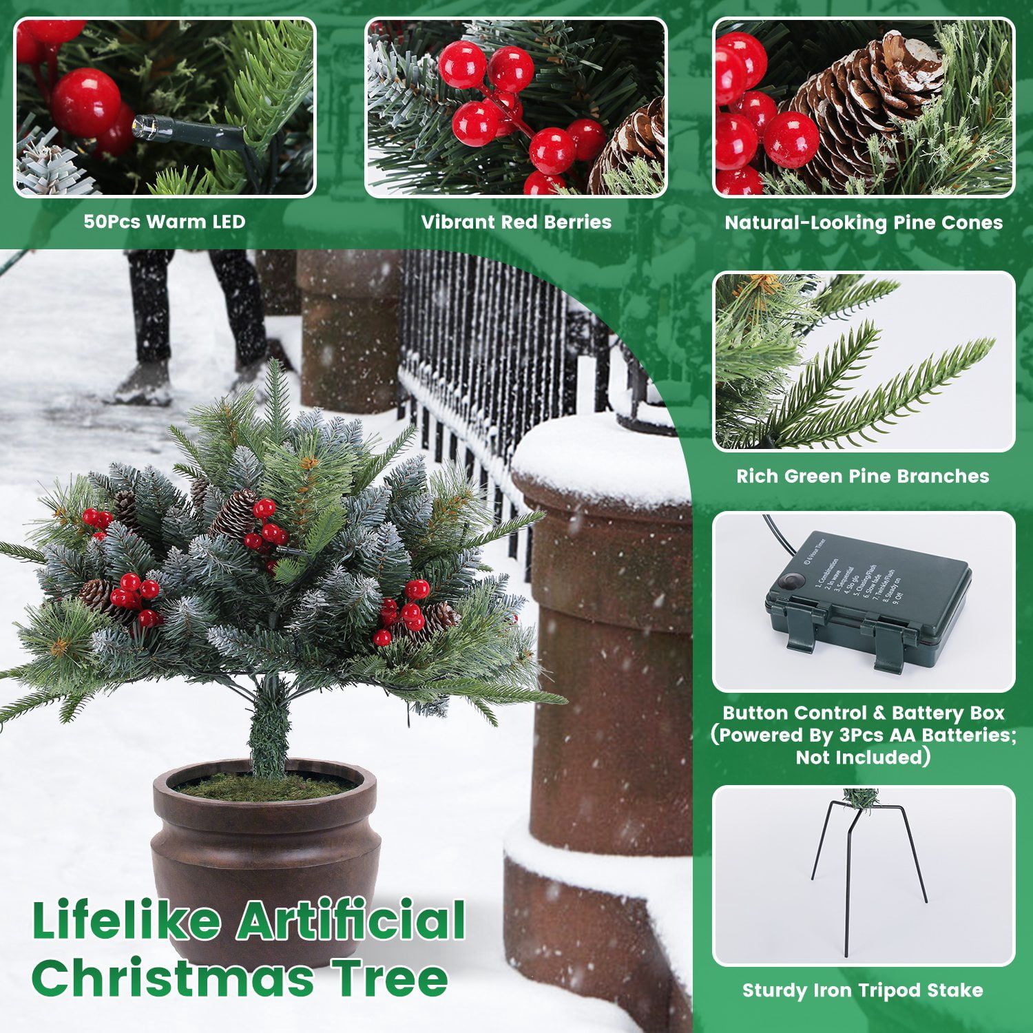 Astoutdoor Lighted Artificial Christmas Tree Urn Filler, 17.72 in, 8 Lighting Modes, 50 Warm LEDs, Auto Timer, IP44 Waterproof, Battery Operated, Indoor Outdoor, 2-Pack
