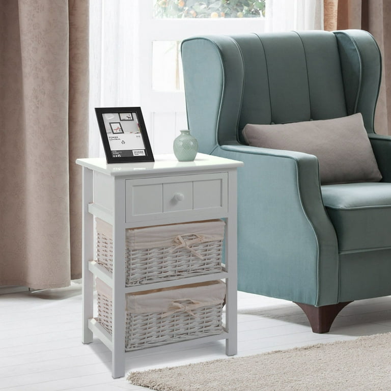 Costway Night Stand 3 Layer 1 Drawer Bedside End Table Organizer Wood W 2 Basket