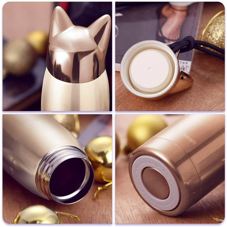 Cute Cat Water Bottle Stainless Steel Water Bottle Insulated Thermal Travel  Mug Cute Vacuum Water Mug for Women and Kids (Gold)