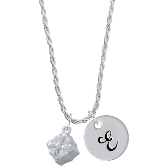 Delight Jewelry Silvertone 3-D Present Box with Bow and Crystal Silvertone Script Initial Disc - E - Charm Necklace, 20"+3"