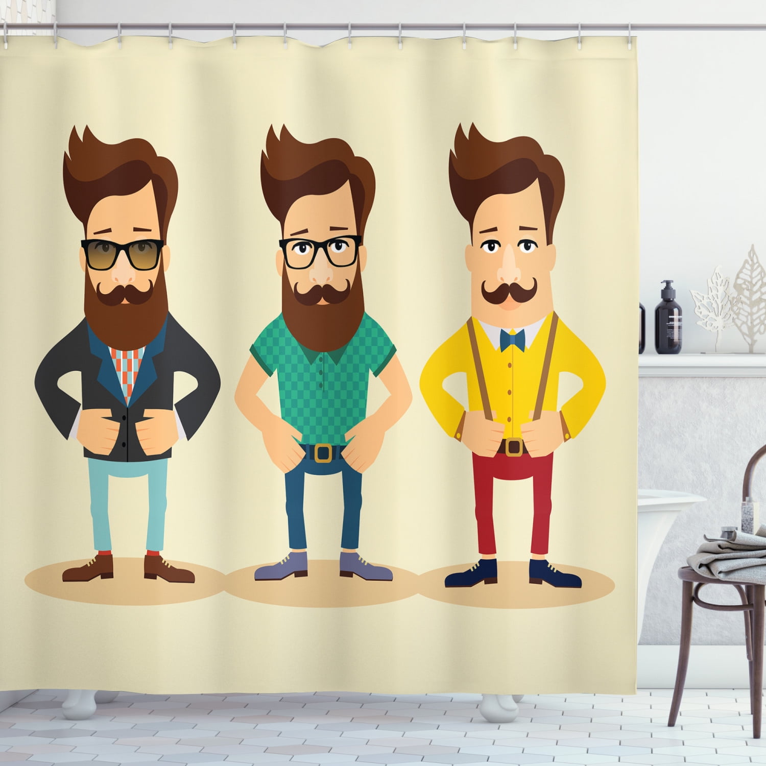 Geek Shower Curtain, Hipster Fashion Themed Cartoon Image of Men