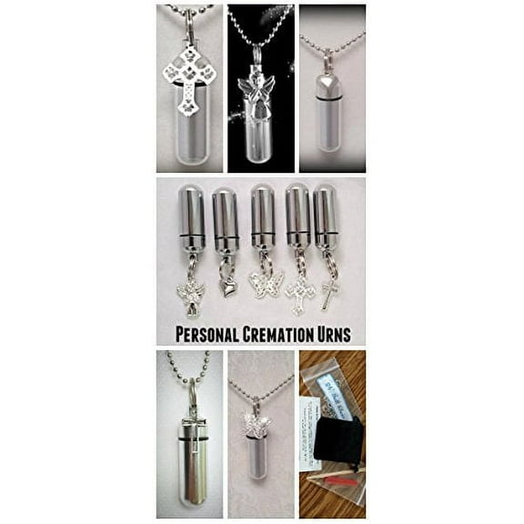 COMPLETE FAMILY SET - Assortment of FIVE CREMATION URN NECKLACES with Laser ENGRAVED HEARTS - (Angel/Crosses/Heart/Butterfly) - Includes 5 Velvet Pouches, 5 Ball-Chains and Fill Kit