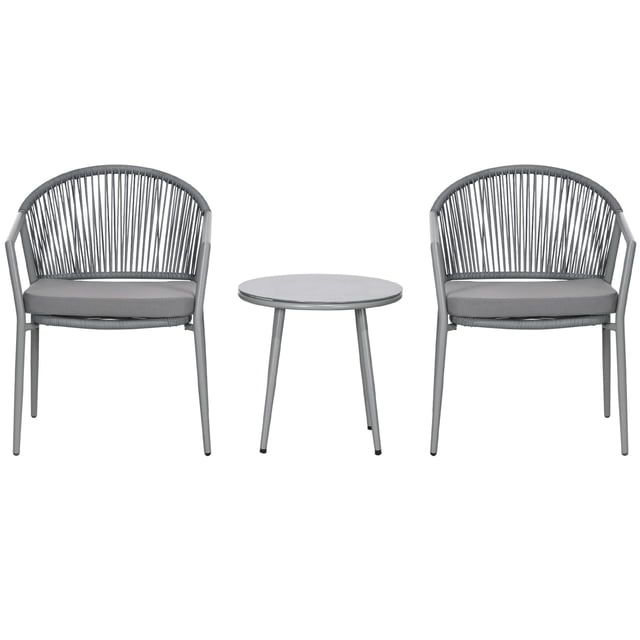 3-Piece Grey Rattan Bistro Set, Garden Furniture with 2 Armchairs and Glass Top Coffee Table, PE Rattan & Steel Frame Outdoor Seating for Balcony, Patio and Backyard