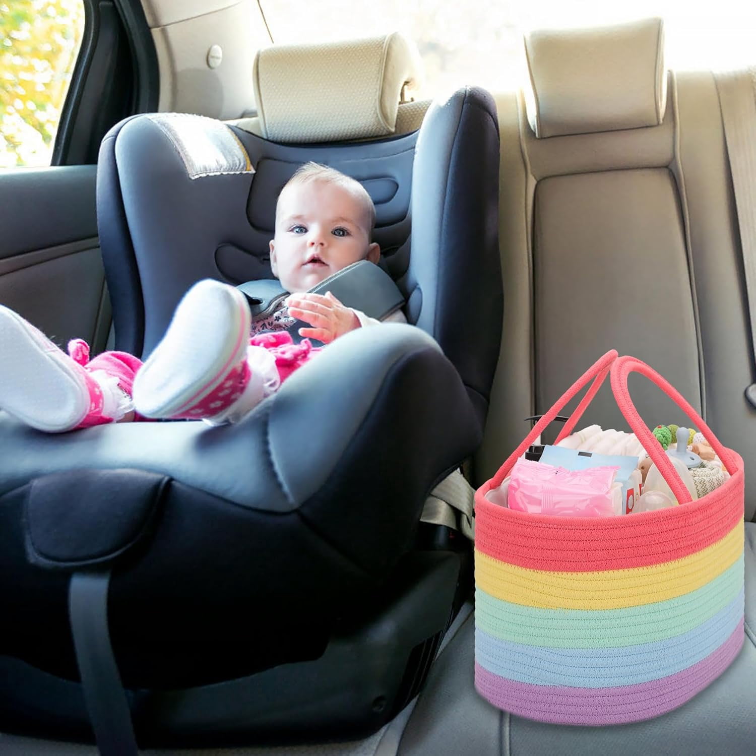 Large Baby Diaper Caddy Organizer for Girl Boy, Car Caddy with Handles, Cotton Rope Basket for Changing Table, Nursery Organizer, Gift for Baby Shower and Registry Must Have, Rainbow