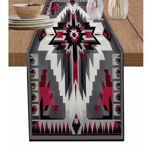 Ldtrchee Red Grey Boho Table Runner 70 Inches, Geometric Ethnic Abstract Retro Bed Runner Dresser Scarves Tabletop for Indoor Outdoor Parties/Ceremony/Banquet, 13" x 70"