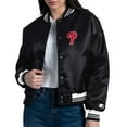 thumbnail image 2 of Women's Starter  Black Philadelphia Phillies Printed Logo Cropped Satin Varsity Full-Snap Jacket, 2 of 3