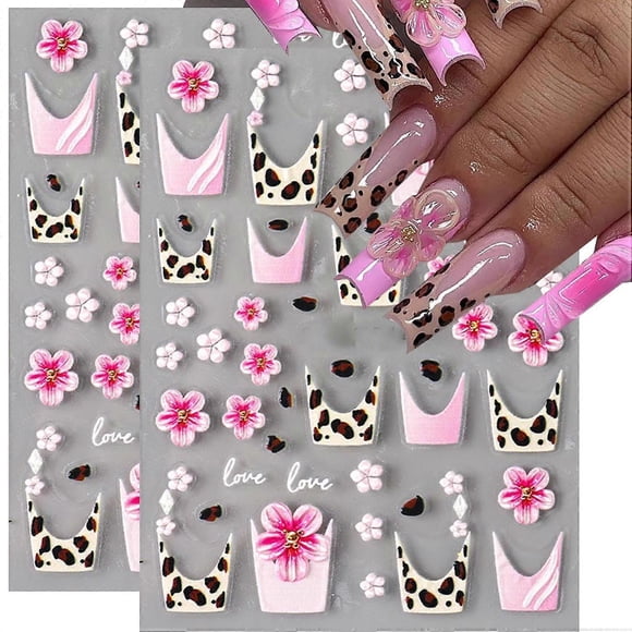 Christmas 5D Embossed Nail Art Stickers Set Leopard Print Flower Decals for DIY Manicure 2Pcs