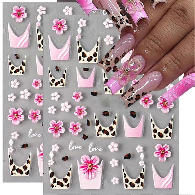 Christmas 5D Embossed Nail Art Stickers Set Leopard Print Flower Decals for DIY Manicure 2Pcs