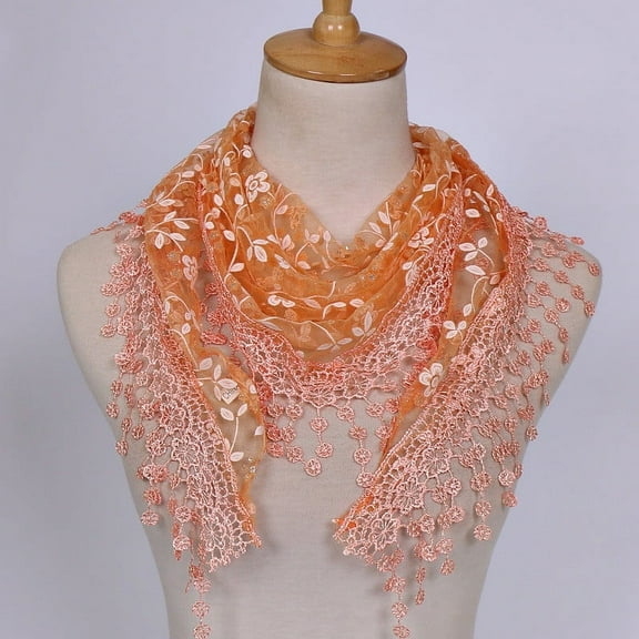 PMVFHDE Women's Floral Lace Fringe Sheer Scarf Lightweight Spring Fall Shawl, Floral Print Triangle Scarf for Women, Elegant Chiffon Wrap for Outdoor Orange