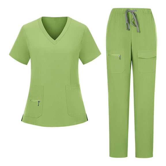 Kctiaxy Scrubs for Women Set Solid Color Short Sleeves V-Neck Blouses with Double Pockets & Elastic Waist Straight Leg Scrub Pants Nursing Uniform Set