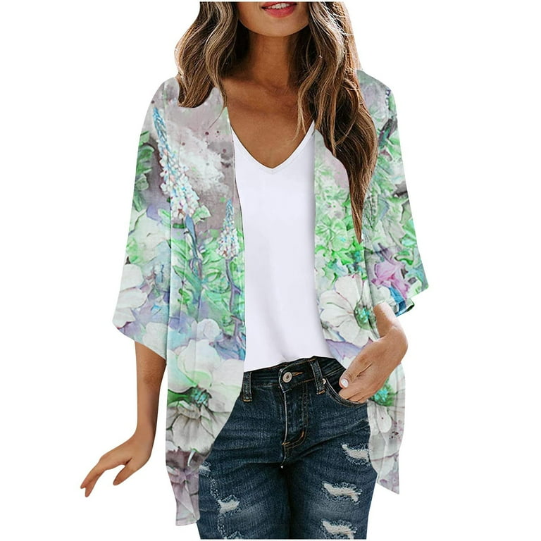 Beach Print Cardigan 3/4 Sleeve Tops Beach Print Cardigan 3/4 Sleeve Tops