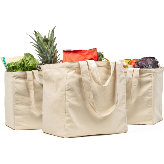BTEPSGA 3Pack Canvas Grocery Bag XL Set with Real Pockets, Long Shoulder Strap and Short Handle. Heavy Duty, Foldable, Washable
