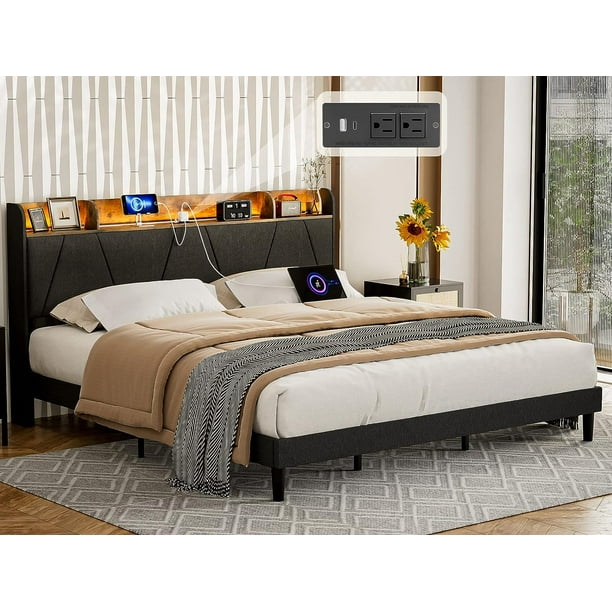 IKIFLY Upholstered California King Bed Frames with Storage Shelf