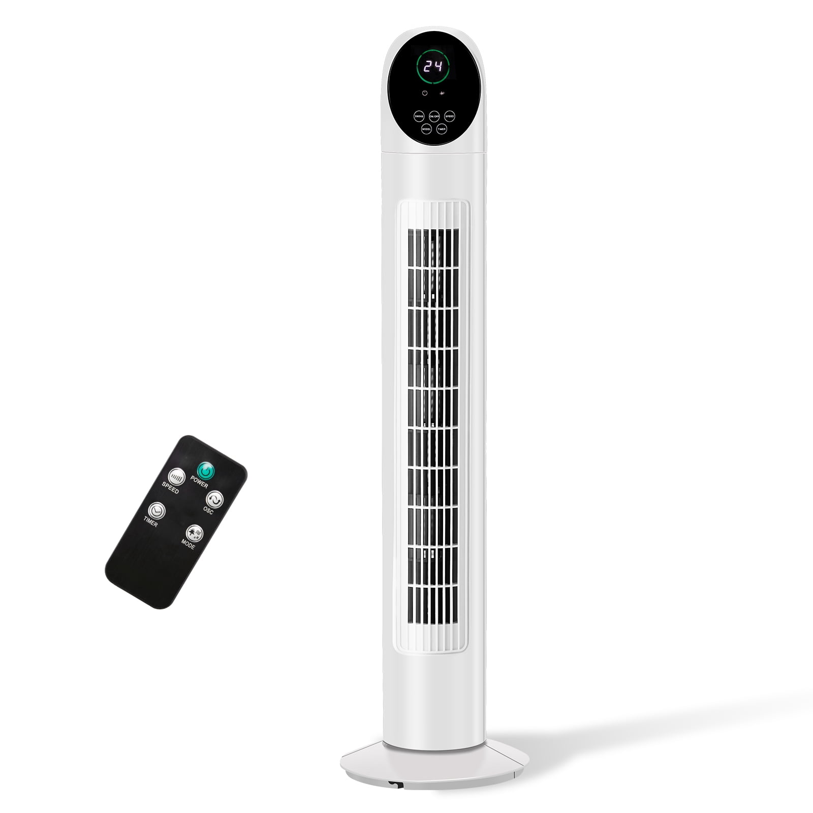 Tower Fan, 110V 50W, 34in, No Water Tank, Remote Control & Digital Display, Plastic Material, Black & White, Concave Arc Head, 9-Hour Timer, Indoor Use