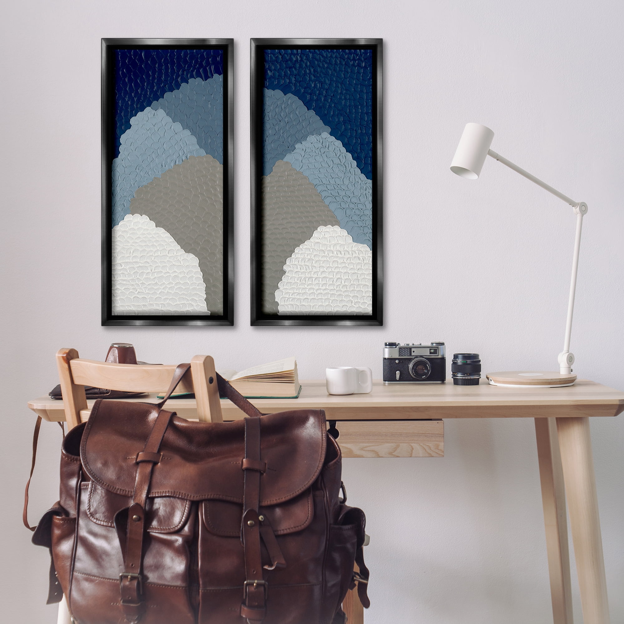 Stupell Industries Textured Blue Abstract Mountains Abstract Painting Black Floater Framed Canvas Art Print Wall Art, 14 x 31, Set of 2
