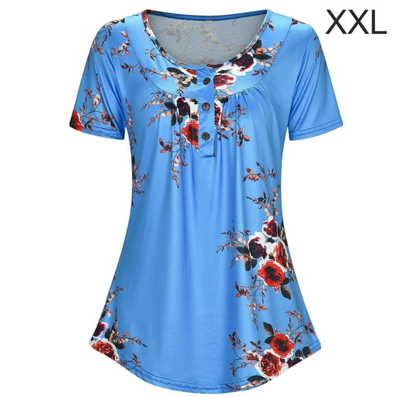 Printed T-shirt Women Summer Round Neck Short Sleeve Blouse Short Sleeve Loose Top, Blue, XXL