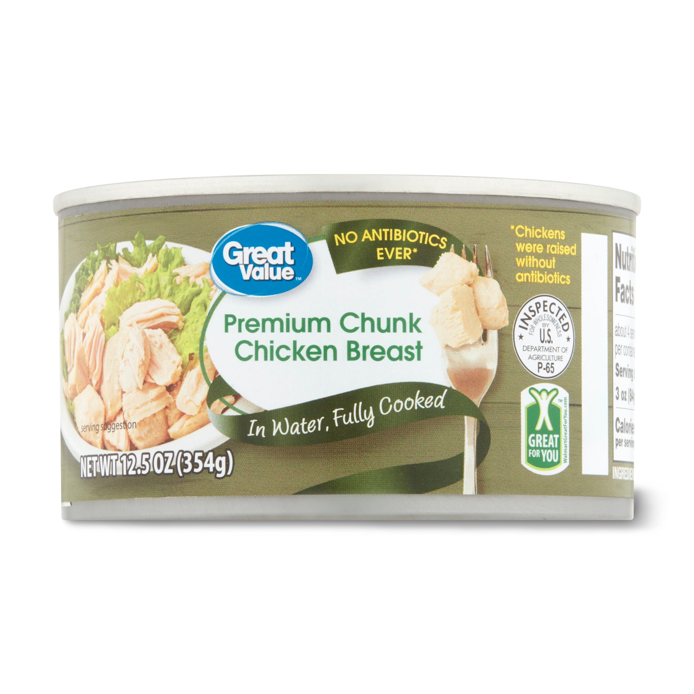 Great Value Premium Chunk Chicken Breast, in Water, no Antibiotics, 12.5 oz. Can