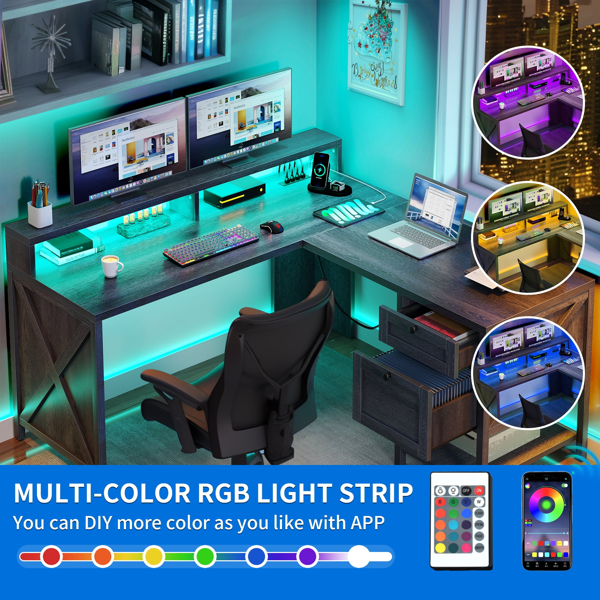 Dextrus L Shaped Desk with File Drawer , L Shaped Computer Desk with Power Outlets & LED Lights, Corner Desk Game Desk with Monitor Stand & Storage Shelves, Gray