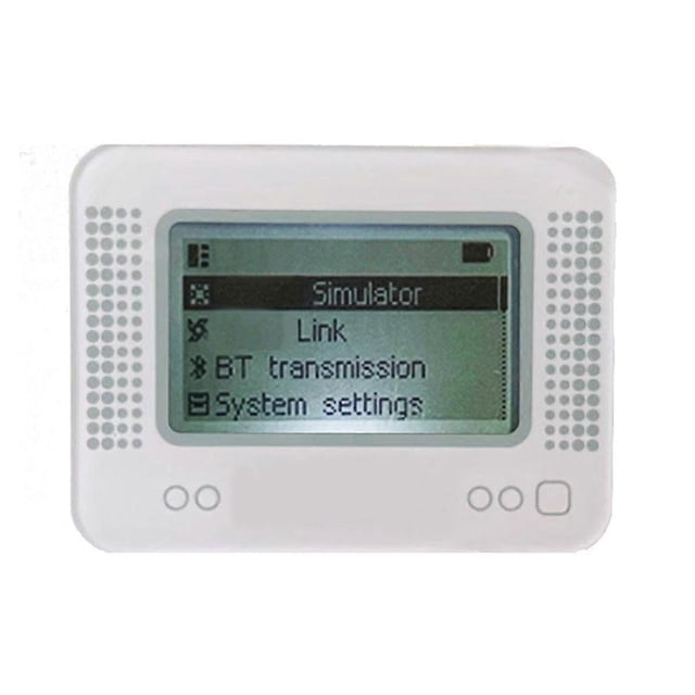 for amiibo smart simulator nfc pixl infinite card swipe character handheld emulator white plastic front-facing view with rectangular backlit LCD showing "Simulator", "Link", "BT transmission" and "System settings", speaker-dot grills at sides and four round control buttons below; supports high-speed wireless transmission and offline storage of bin files per product specs; suitable for testing amiibo-compatible accessories.