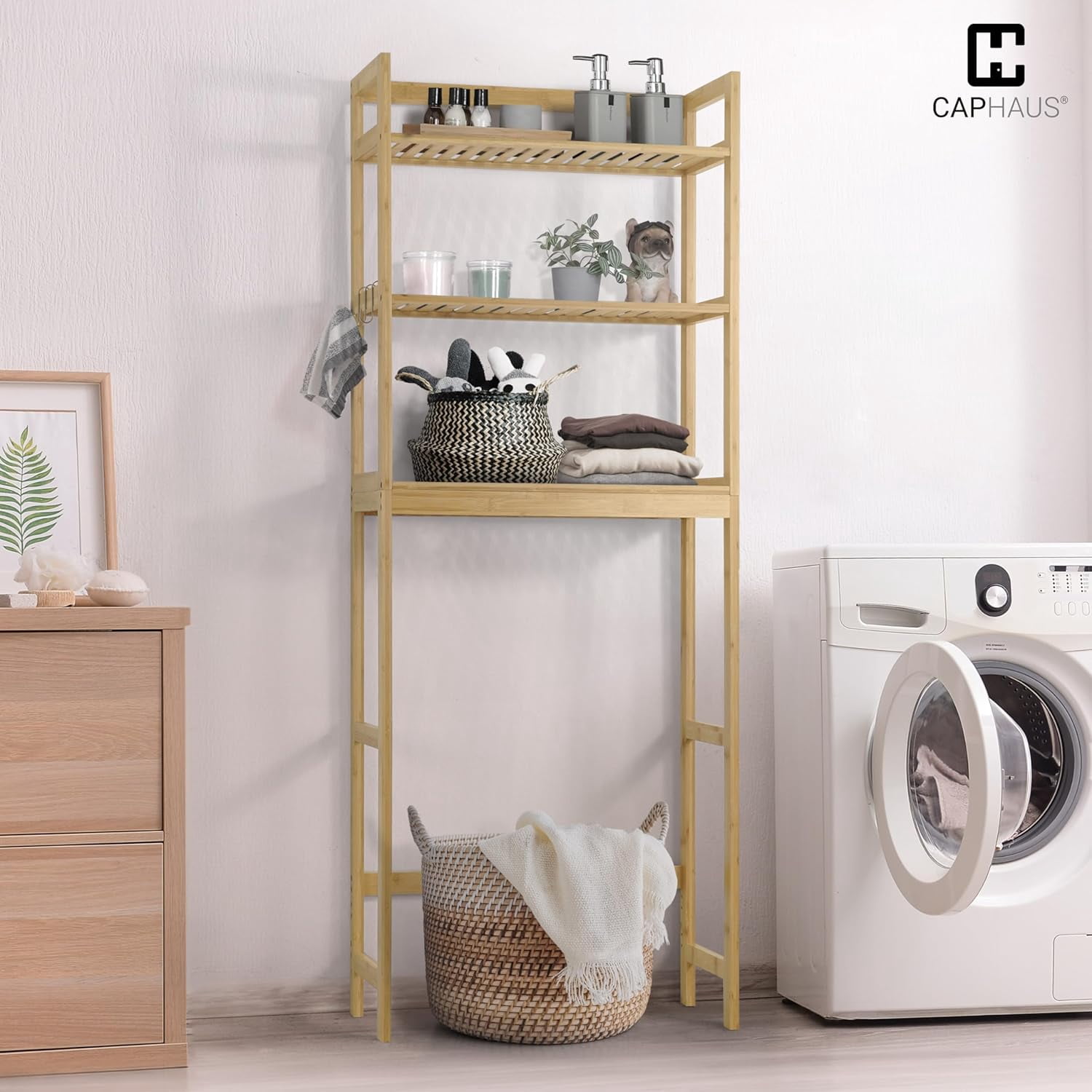 CAPHAUS Bamboo Over The Toilet Storage, Behind Toilet Bathroom Shelf Rack with Hooks & Adjustable Feet, 24-Inch Freestanding Toilet Shelf, Bathroom & Laundry Organizer, Balcony Plant Stand, Natural