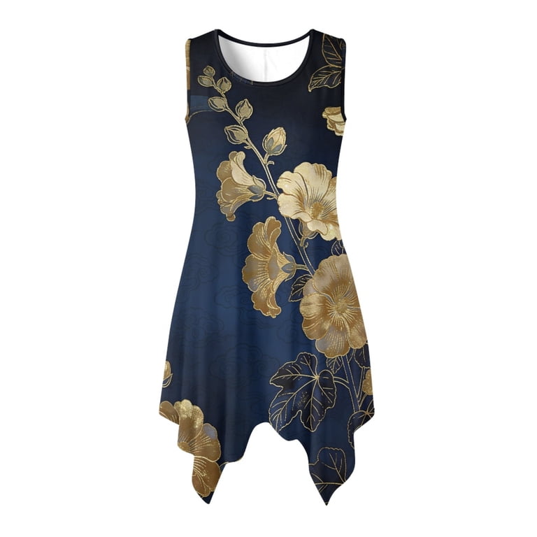 navy and gold casual dress Binienty Gold Floral Navy Sleeveless Sundress, Side Pockets Ladies Irregular Hem Casual Dress With Round Neck With Side Pockets for Vacation, Women's,