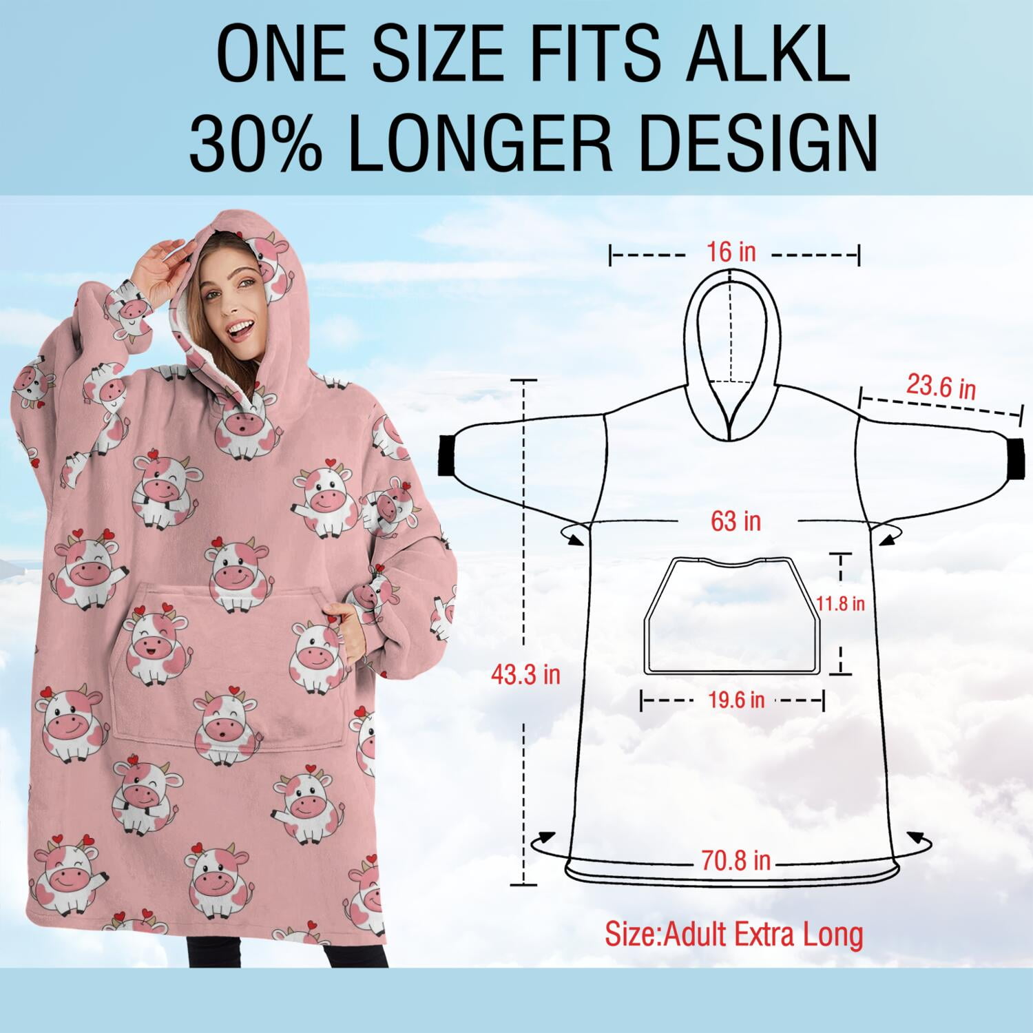 Oversized Wearable Blanket Hoodie,Pink Cow Heart Pattern Sherpa Blanket Hoodie with Super Pockets,Super Warm Fuzzy Pullover for Women & Men